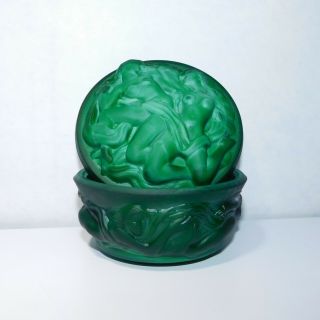 Vintage Deco - Style Malachite Green Nudes Motif Czech Bohemia Glass Jar/box & Lid