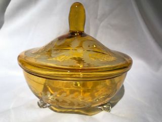 Antique Moser Egermann Bohemian Czech Gold Amber Etched Glass Footed Bowl