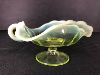 Antique Vaseline Glass Opalescent Nappy With Handle,  Uranium Glass? Very Early