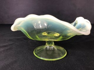 Antique Vaseline Glass Opalescent Nappy With Handle,  Uranium Glass? Very Early 6