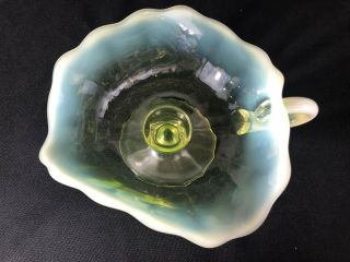 Antique Vaseline Glass Opalescent Nappy With Handle,  Uranium Glass? Very Early 7