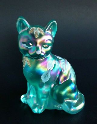 Fenton Blue Iridescent Cat Art Glass Hand Painted Signed 3 3/4 "