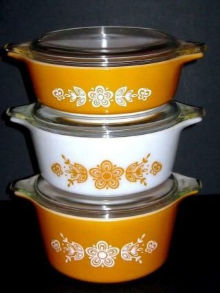 Vtg Pyrex Butterfly Gold Casserole Baking Dish Set W/lids 471 472 473 70s