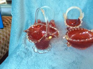 Set Of 4 Murano Ruby Red Basket Vases With Gold Flash