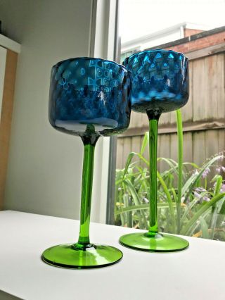 2 Vintage Empoli Green & Blue Art Glass Ribbed Optic Goblet Vase Italian Mcm