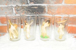 Vintage Peek A Boo Nude 1940’s Glass Set Of 4 Pin Up Girls