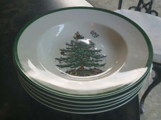 5 Spode Christmas Tree Rimmed Soup Plates Bowls 9 " With Tags