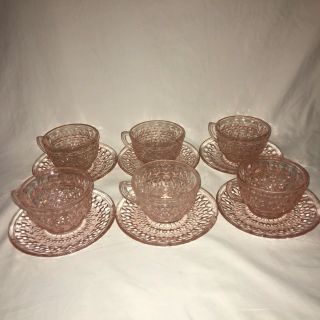 Pink Depression Glass 6 Piece Cup And Saucer Set Button & Bows