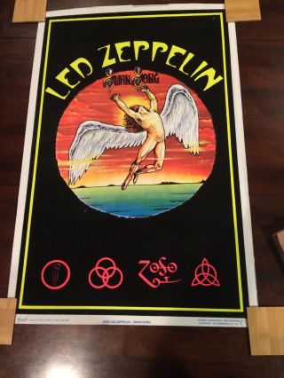 Vintage Led Zeppelin Swan Song Black Light Band Poster 846 Bravado Felt Funky