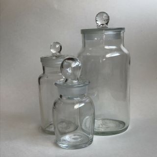 3 Glass Apothecary Jars Ground Lids Made England Spice Bottle Canister Ravenhead