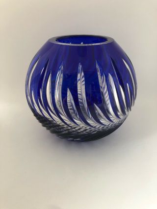 Cobalt Blue Rose Bowl Vase Cut To Clear Lead Crystal Ribbed Glass Vintage -