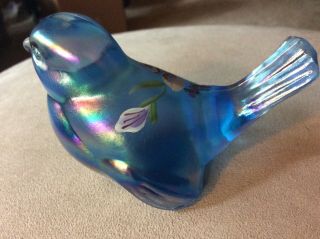 Fenton Blue Iridescent Carnival Bird Art Glass Hand - painted Signed 2