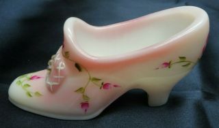 Fenton Glass Rosalene Pink Hand Painted Roses Shoe Slipper Boot Signed