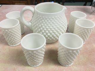 Vintage Hobnail Milk Glass Pitcher And 6 Tumblers