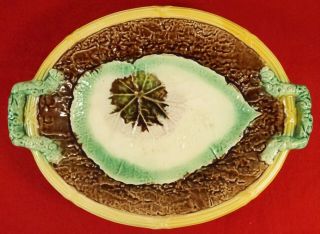 Antique Majolica Double Handled Bread Tray With Single Begonia Leaf