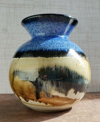 Blue & Tan Vase By Walt Glass Studio Art Pottery Of Texas,  1988,  Signed,  5 " H