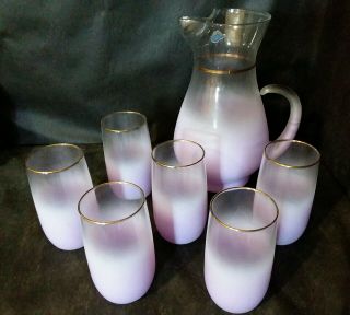 Vintage Purple Ombre Blendo West Virginia Glass Gold - Rimmed Pitcher & 6 Glasses