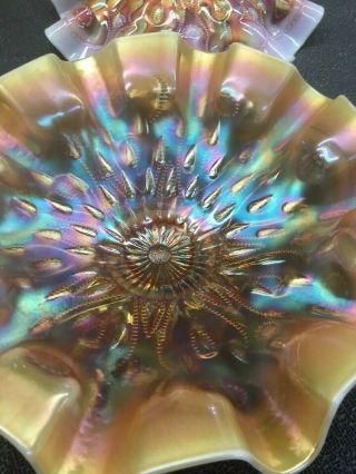 Fenton Carnival Glass Dish Footed Bowl Ruffled Ribbed Marigold Iridesce Pair
