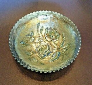 Iridescent Green Imperial Carnival Glass Bowl - Open Rose Pattern - Sawtooth Rim