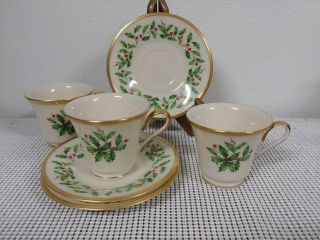 (3) Lenox Holiday Dimension Holly Cups And Saucers