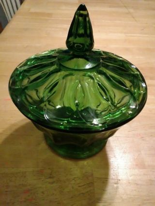 Emerald Green Glass Pedestal Candy Dish With Lid Vintage