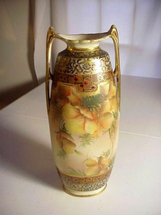 Hand Painted Nippon M Logo Antique 13 " Porcelain Vase With Flowers & Moriage