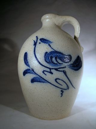 Rowe Pottery Stoneware Jug 1985 Salt Glazed Cobalt Blue Song Bird