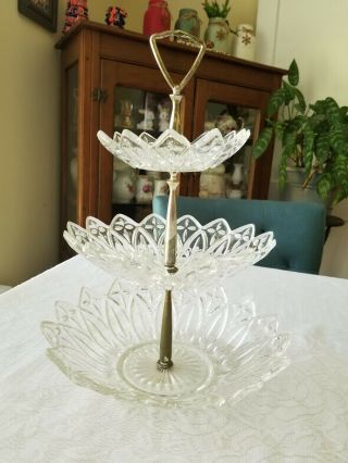 Vintage Three Tier Clear Glass Stand Serving Centerpiece