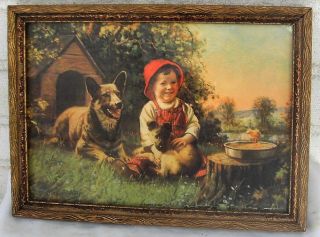 Adorable Antique Signed Print Boy Dog Pup Chick Warm Colors Framed Price
