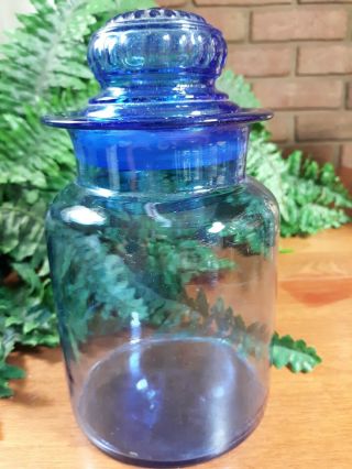 Mid - Century Takahashi Peacock Blue Glass Canister Apothecary Jar Daisy Lid 8 "