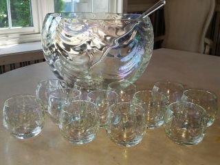 1967 West Virginia Glass Punch Bowl Set With Ladle Loop Optic Iridescent Luster