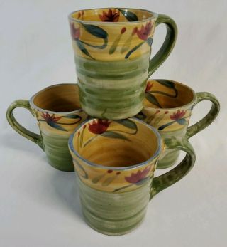 Pier 1 Elizabeth Large Floral Hand Painted Stoneware Coffee Tea Mug Cup Set Of 4