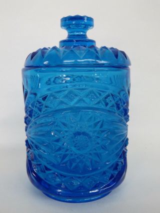 Imperial Glass Hobstar Star And Fan Blue Cookie Jar Candy Dish With Lid 219b