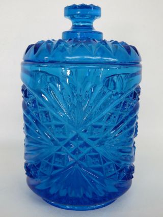 Imperial Glass Hobstar Star and Fan Blue Cookie Jar Candy Dish with Lid 219B 2
