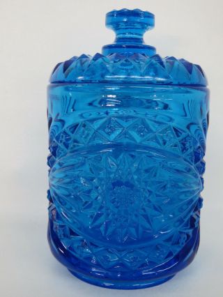Imperial Glass Hobstar Star and Fan Blue Cookie Jar Candy Dish with Lid 219B 8