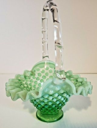 Fenton Hobnail Lime Green Glass Opalescent Mini Basket Vaseline Uranium