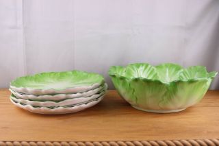Cabbage Lettuce Leaves Salad Serving Bowl & 4 Salad Plates Japan Otagiri