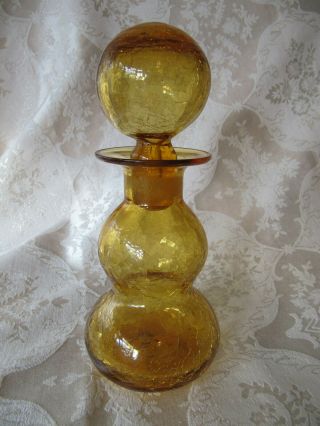 Vintage Blenko Amber Curvy Crackle Glass Decanter With Stopper