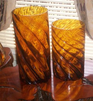 Art Glass Vases Candle Holders Set Of 2 Amber Swirls Large Hand Blown