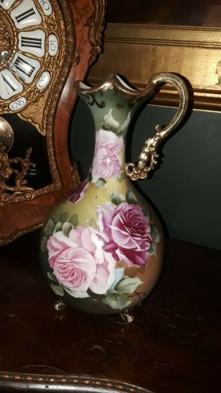 Nippon Large 11” Moriage Ewer Vase Footed Pink Roses Handpainted