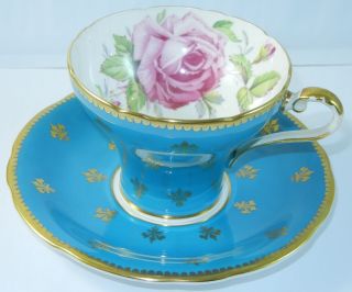Aynsley Teal Blue Gold Fleur Cup Saucer Plate Scalloped Pink Rose H273
