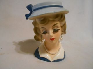 Vintage Japan Headvase Lady In Blue With Pearl Earrings And Necklace Blonde