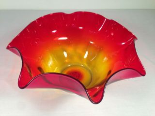 Vintage Mcm Blenko Amberina Ruffled Top Art Glass Bowl Wayne Husted Red Yellow