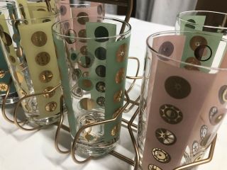 Vtg Mid Century Modern Fred Press Signed Green Yellow Pink Gold Drink 7 Glasses