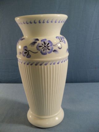 Fenton White Milk Glass Hand Painted Vase W/ Ribbed Design & Blue Floral Design