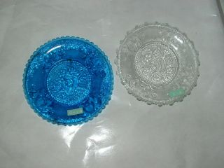 2 Antique Electric Blue Early American Lacy Flint Glass Cup Plate Sandwich Glass