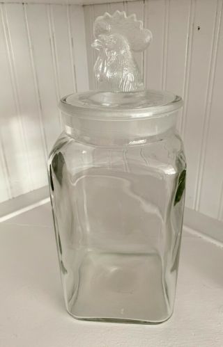 L.  E.  Smith Rooster Clear Glass Tall Canister Candy Apothecary Jar Ground Top