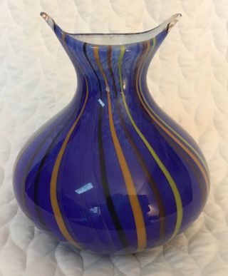 Handblown Studio Glass Vase In Royal Blue With Red,  Orange And Yellow Swirls