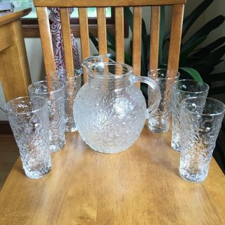 Anchor Hocking Lido Milano Clear Crinkle Ball Pitcher & 6 Glasses