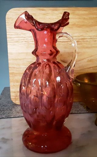 Vintage Fenton Cranberry Glass Vase Handle 9 Inches Tall Melon
